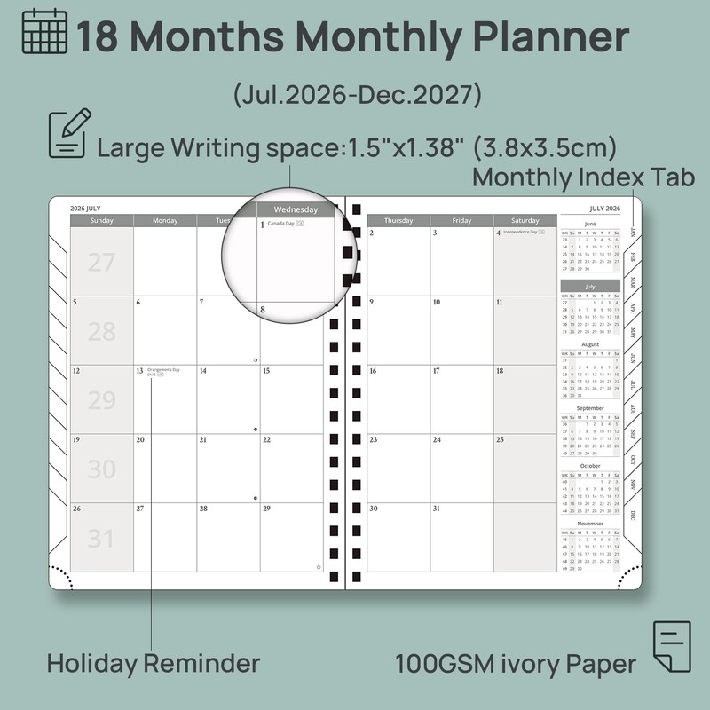 POPRUN 2026-2027 Monthly Planner, 6.5" x 8.5", 18 Month Calendar