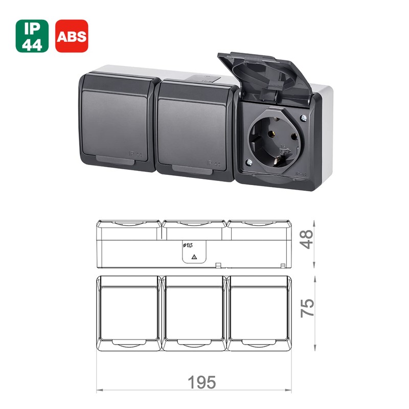 ELEKTRO-PLAST HERMES Surface-Mounted 3-Way Triple Socket IP44 Waterproof Outdoor Anthracite