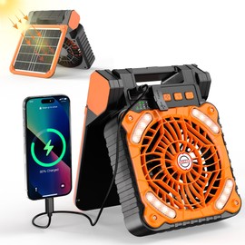 KITWLEMEN Solar Camping Fan with Lantern - Rechargeable Battery Operated Fan, 18H Run Time Max, 4 Speeds, 8H Timer, 90° Adjustable Portable Desk Fan for Camping, Power Outage, Outdoor Use (Orange)