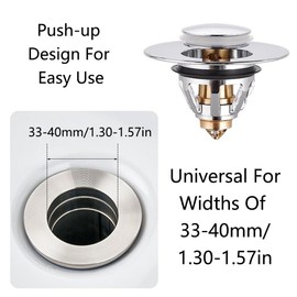 Pop Up Sink Plug, Universal Sink Stopper Replacement Brass Drain Strainer Filter Plug Core Drain Filter for 33mm-40mm Sink Strainer, Push Type Hair Catcher for Bathroom and Kitchen