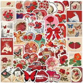 Retro Red Stickers 50Pcs Waterproof Trendy Vintage Aesthetic Sticker for Laptop Water Bottle Luggage Skateboard Scrapbook Phone Helmet Bike Car,Vinyl Funny Cute Decals for Teens Girls Adults