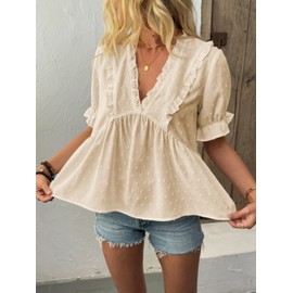 Nicetage Womens 2025 Elegant V Neck Apricot Blouse Lace Trim Ruffle Flutter Sleeve Summer Flowy Shirts Tunic Top with 3D Polka Dot C-LE3-Vshirt-Apricot-XL