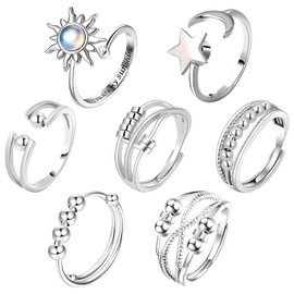 7 Pcs Fidget Rings Set, Including Different Styles Anxiety Adjustable Open Spinner Rings for Women Girlfriend Kids- Anxiety Relief Presents and Party Decoration