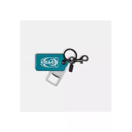COACH CJ743 LEATHER TEAL BOTTLE OPENER KEY FOB RING "COACH" STAMPED NEW NWT