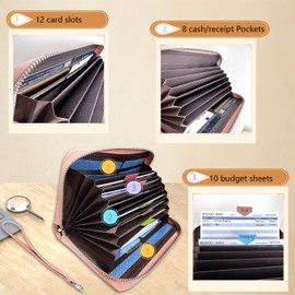 Almintuals Budget Wallet, Budget Planner, Cash Stuffing Savings Challenge, RFID Protection, Cash Envelope Purse, All in One Budget System with 12 Budget Sheets, Category Label and Wrist 19 cm x 13 cm,