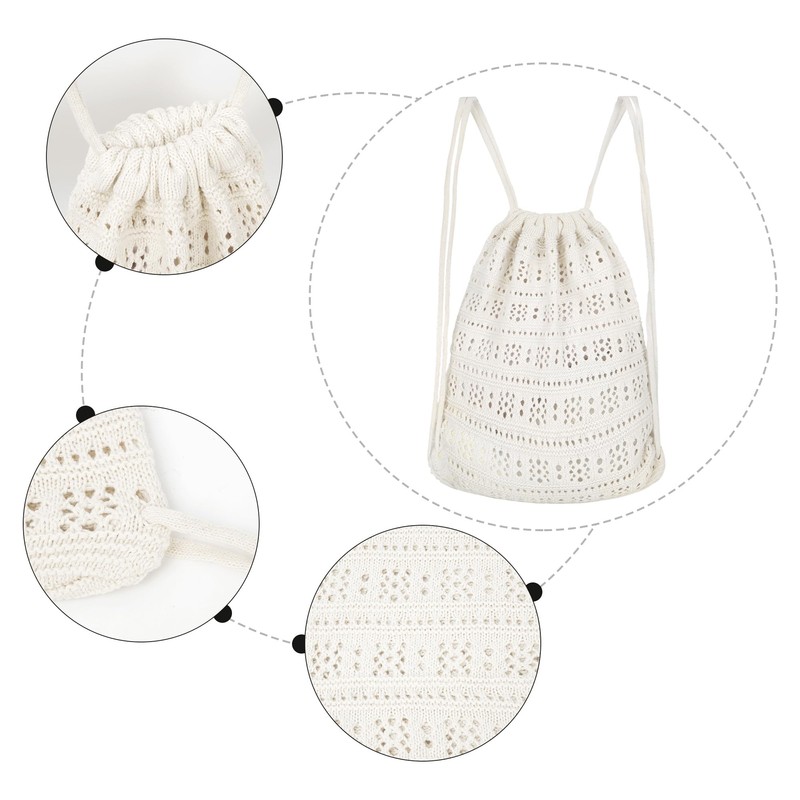 Lobagve Handmade Crochet Cotton Drawstring Backpack Boho Purse Leisure Daypack