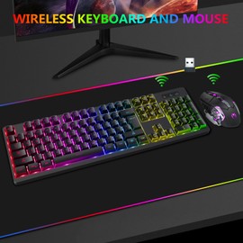 Wireless RGB Gaming Keyboard and Mouse - Rechargeable RGB Backlit,Long Battery Life,Mechanical Feel,7 Color Gaming Mouse for PC Game and Work
