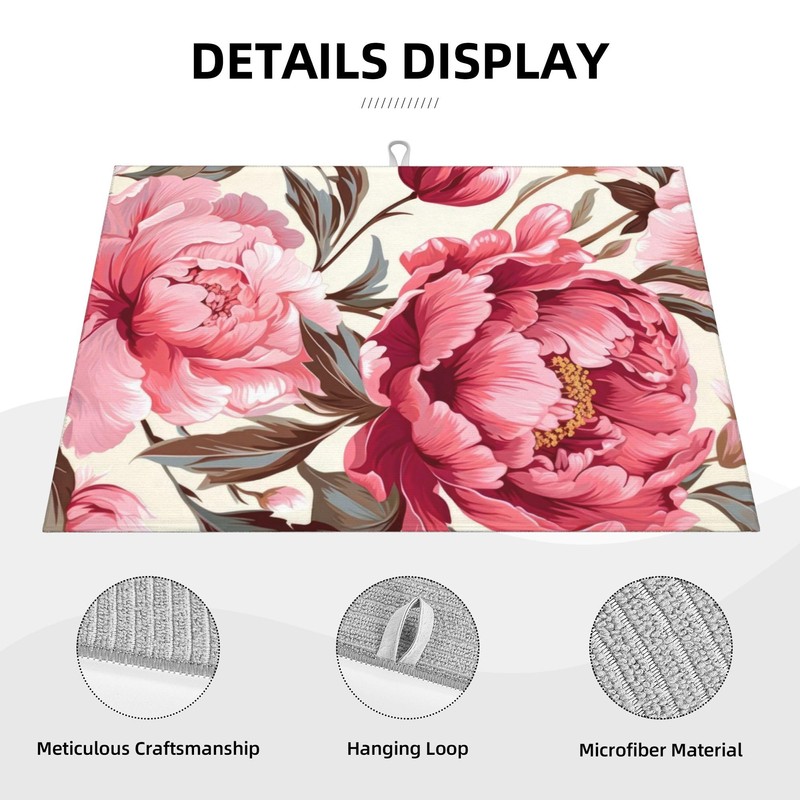 Pink Peony Dish Drying Mats for Kitchen Counter, Absorbent Reversible