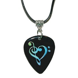 Jazzworks,LLC Black Blue & Green Treble & Bass Clef Heart Guitar Pick Necklace (GP039c)