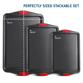 3-Piece Cookie Sheet Set with Silicone Handles, Steel Baking Pans Set, Durable Baking Sheets for Oven, BPA Free Nonstick Set, Sheet Pan - Black