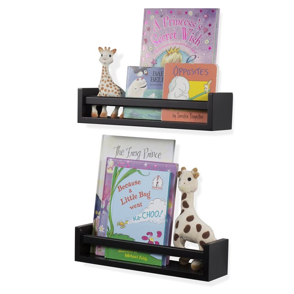 Wallniture Utah Nursery Book Shelves - Set of 2 Floating Bookshelf for Kids Room - Multi-use Kitchen Spice Rack and Bathroom Organizer, Wood Black