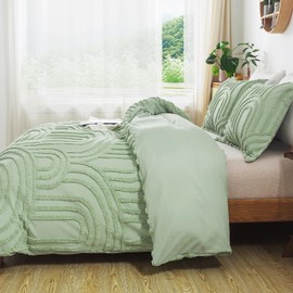 HYLEORY Boho Duvet Cover Full Size, Tufted Bedding Set for All Seasons, 3 Pieces (1 Duvet Cover + 2 Pillowcases) Soft Shabby Chic Embroidery Bedding Duvet Cover with Zipper (Sage Green, 80"x90")