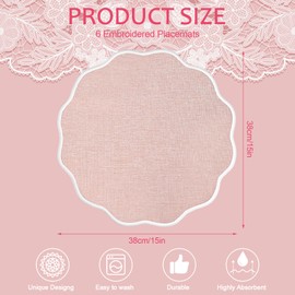 ElasignShopo Set of 6 Scallop Linen Placemats, 15 Inch White and Pink Round Placemats Cotton Linen Table Mats Handcrafted Machine Washable Wrinkle Free Dining Placemat for Hotel Restaurant Kitchen