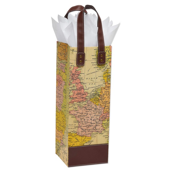 Papyrus 14" Beverage Gift Bag with Tissue Paper (Map) for Birthdays, Retirement and All Occasions (1 Bag, 8-Sheets)