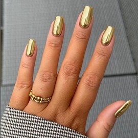 Mirror Metal Light Gold Press on Nails Medium Short Square Chrome Glazed Short Gel Nails Press ons Shiny Plating Nails Acrylic Nails Reusable Thick Fake Nails for Women Glue on Nails Medium Length