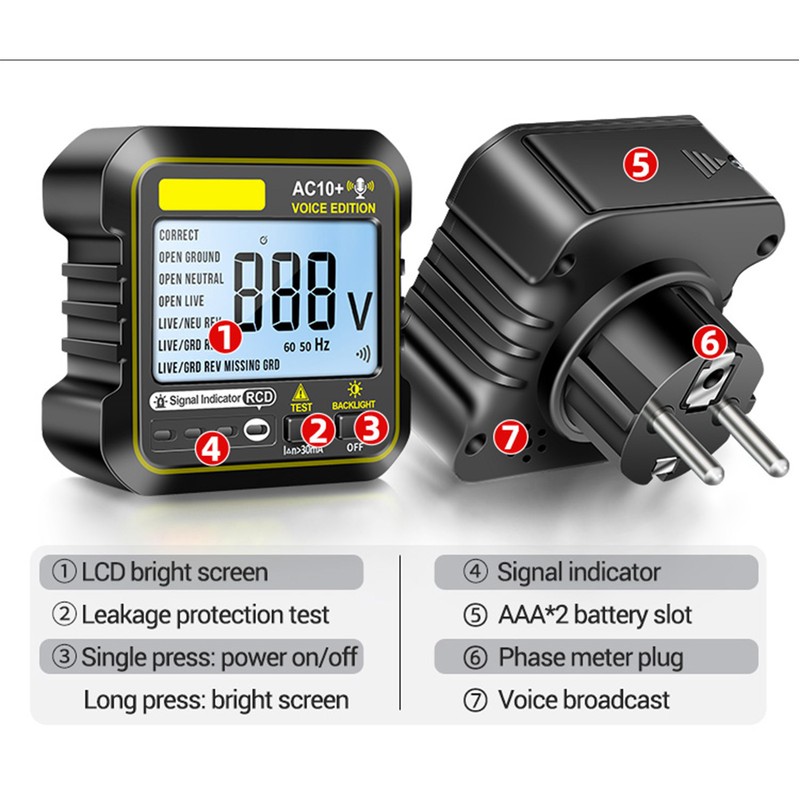 Socket Tester 10A 16A Universal Outlet Detector LCD Backlit Display