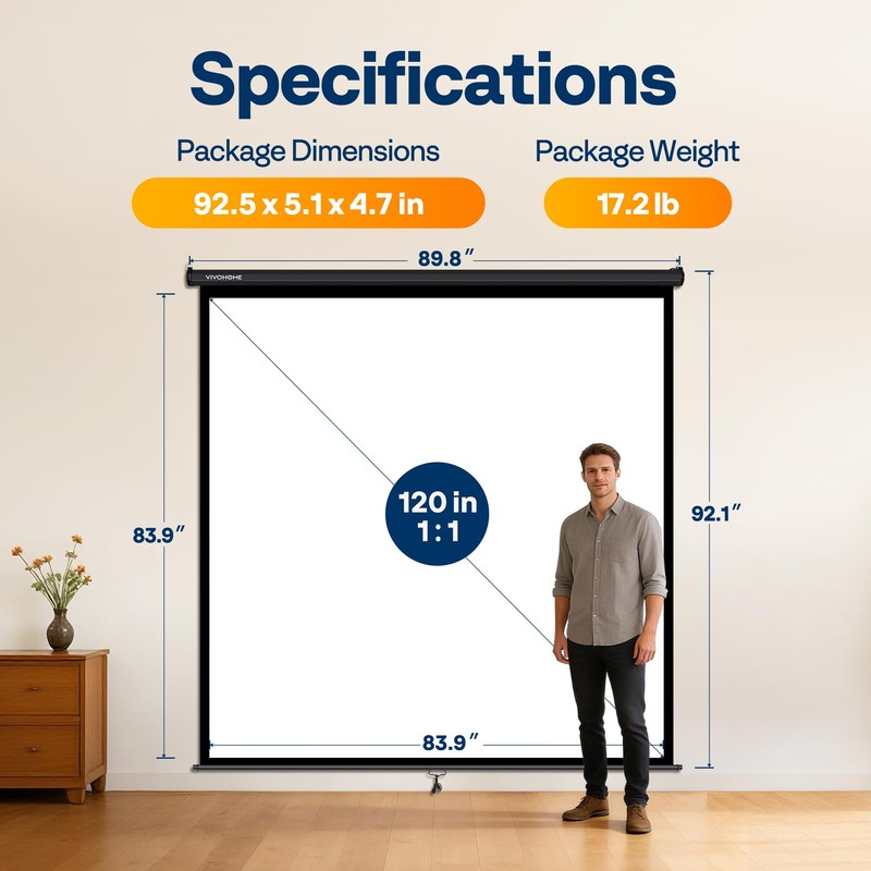 VIVOHOME 120 Inch 1:1 Pull Down Projector Screen, HD 4K