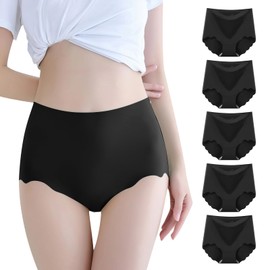Velaci Women's Seamless Panties, Deep, 5-Piece Set, No Lines, Grade 5A Antibacterial & Refreshing Comfort, Feel -5°C, Soft, High Waist, No Tightening, Stretchy, Breathable, No Stuffy, Scalloped Cut