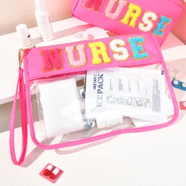 SOIDRAM Nurse Makeup Bag Nurse Appreciation Week Gift for Women Clear Chenille Letter Cosmetic Bag Waterproof Zipper Pouch Travel Toiletry Organizer, Survival Kit Storage Accessories Pouch