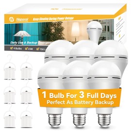 Neporal A19 Rechargeable Light Bulbs, Socket Rechargeable Emergency Light Bulb for Power Failure, Battery Backup Bulbs for Home, Hurricane, Led Bulb 60 Watt Equiv. (White, 6 Count (2600mAh))