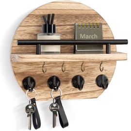 Nekon Key Holder for Wall - 9.8 Inch Apartment Wall Decor with Shelf and 8 Key Hooks, Circular Wood Key Hanger for Home Decor (Wood)