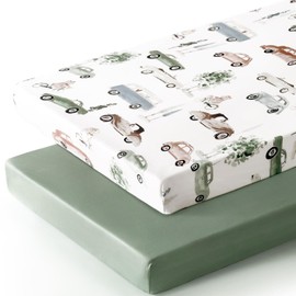 GRSSDER Pack n Play Sheets Fitted 2 Pack, Stretchy Ultra Soft Jersey Knit Pack and Play Sheets, Universal Fitted Portable/Mini Crib Mattresses Snug and Safe, Neutral Pattern of Cars Print