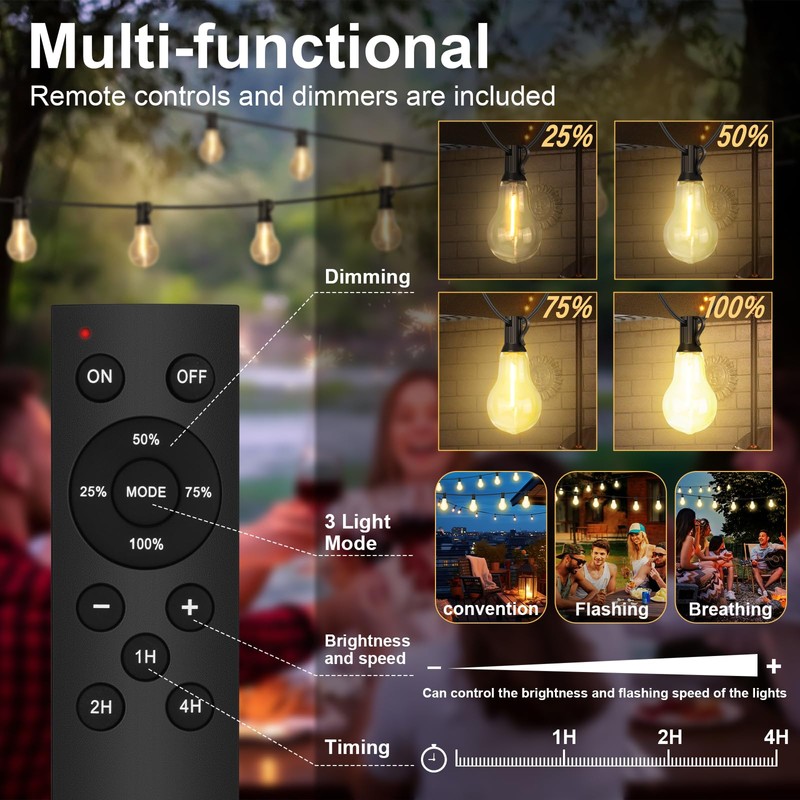 Porbench 75FT Outdoor String Lights Waterproof with 50+4 Bulbs (1.5FT