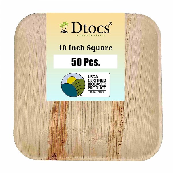 Dtocs Palm Leaf Plates 10 Inch Square 50 Pack Dinner Plate | Bamboo Plate Disposable Like Compostable Plates, Charcuterie Board, Cheese Platter | Wedding Plate Set Sturdy than 10" Paper Plates