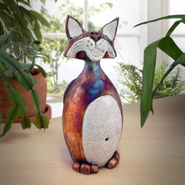 Modern Artisans American Made Whimsical Smiling Cat Raku Pottery Tabletop Sculpture, 8.25"