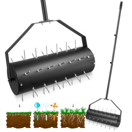 Yosuny 18-inch Rolling Lawn Aerator Tool, 50"-70" Handle Heavy Duty Spike Aerator with Sandbag, 40 Iron Spikes Tighten with Patience, Manual Rolling Aerator Lawn for Yard Garden