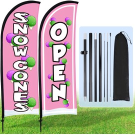 Buryeah 2 Sets Snow Cones Open Feather Flag for Business Advertising 8 ft Feather Flag Sign with Flagpole Ground Stake Portable Bag Snow Cones Banner with Rope for Outside Garden Park Party (Pink)