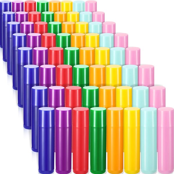 Maitys 64 Pieces Lip Balm 5 ml Empty Containers Refillable Rotatable Plastic Lipstick Tubes DIY Lip Gloss Balm Tube Holder for DIY Cosmetic, 8 Colors