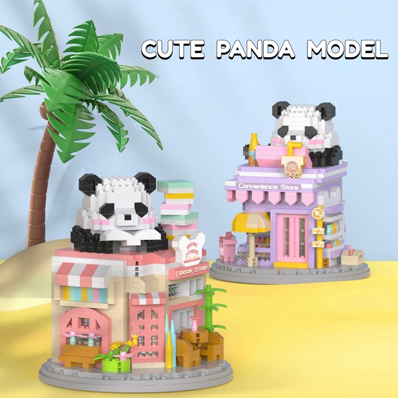 WULOBOOI Street View Bookstore Mini Building Blocks,872 Pieces Cute Panda