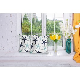 Emvency Set of 2 Throw Pillow Covers Beach Ocean Coastal Green and Blue Starfish Decorative Pillow Cases Home Decor Standard Square 18x18 Inches Summer White Pillowcases