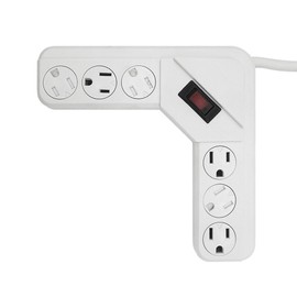 Uninex PS112 Space Saving Corner Power Strip with Locking/Rotating Safety Covers, 14/3 AWG, Grounded 6-Outlet, UL Listed, White, 4-Foot