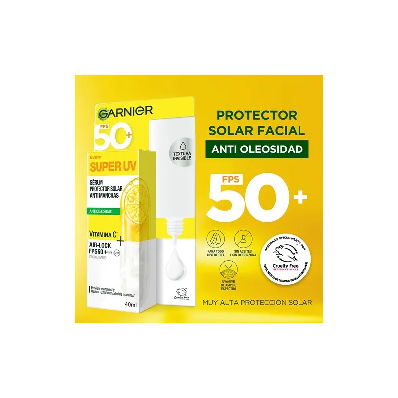Protector Solar Facial Garnier Super UV Fluido FPS 50+ con