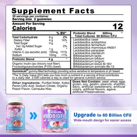 Sugar Free Probiotic Gummies 60 Billion CFU 11 Strains with Prebiotics Fiber, Probiotics Filled Gummies for Women Men Digestive Health, Peach Flavor, Supports Constipation, Diarrhea, Gas & Bloating