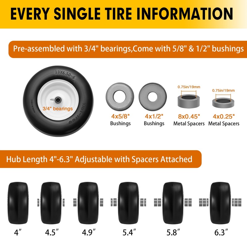 13x6.50-6 Flat Free Tire and Wheel 2 Pack, Solid Smooth