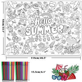 HOWAF Hello Summer Coloring Poster with 24 pcs (12 Colors) Paint Pens - Hawaii Jumbo Paper Coloring Banner, Pool Party Paper Coloring Tablecloth for Summer Party Favors Kids Birthday Activities
