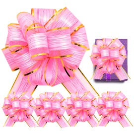 FQTANJU 5 Pcs Pull Bow Gift Wrapping Pull Bow Ribbon 6 Inch Gift Wrap Bows for Christmas Wedding Baskets Valentine's Day Bows Birthday Gift Decorations (Pink)