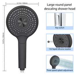 Round Large panel Showerhead with hose, High pressure 4-function shower head with handheld, Built-in Power Spray to Clean (Black)