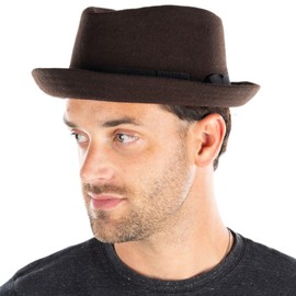 Funky Junque Men's 100% Wool Stingy Brim Fedora Hat, Pinched Diamond Crown, Brown