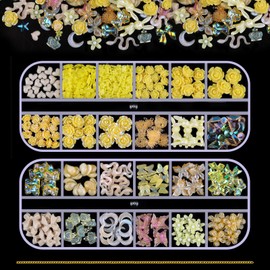Kikonoke 2 Boxes 3D Flower Nail Charms Butterfly Bow Snake Rabbit Bear Shaped Nail Art Rhinestones Gems for DIY Nail Art Decoration Making Craft (Yellow)