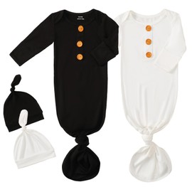 OPAWO Knotted Gown Baby Newborn Sleepers Baby Boy Coming Home Outfit, Bamboo Viscose Baby Gowns with Mitten Cuffs and Hat Set(Black + White, 0-3 Months)