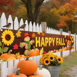 Happy Fall Banner 120x20inch Large Outdoor Decor - Thanksgiving Autumn Welcome Sign with 19.69ft Ribbon, Double Stitched - Fall Porch Decor for Yard, Fence, Home, Party