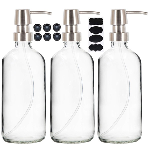 Youngever 3 Pack 16 Ounce Clear Glass Boston Round Bottles with Stainless Steel Pumps, Glass Soap Dispensers with Extra Labels and Lids, Great for Essential Oils, Lotions, Liquid Soaps