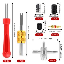 Pack of 46 valve repair tools, car bike tyre valve remover with double and single head valve core, 1 piece 4-way valve core tool, 12 pieces tyre valve caps, 30 pieces valve core