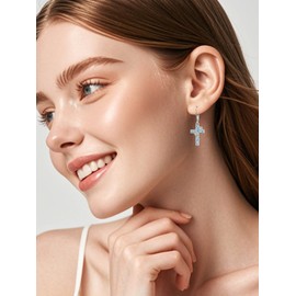 JKR Blue Opal Earrings for Women S925 Sterling Silver Filigree Cross Dangle Earrings Christian Religions Flower Jewelry Birthday Anniversary Christmas Gifts for Her Wife Mom Girlfriend Sister