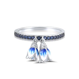 Santuzza Sterling Silver Dangle Blue Enamel Tulip Blue Nano Cubic Zirconia Beaded Ring for Women (7, White Rhodium Plated)