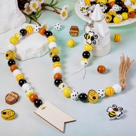 PandaHall 200pcs Bee Theme Wooden Beads Round Ball Wood Beads Honeycomb Large Hole Craft Beads for Farmhouse Garland Home Decor Jewelry Making